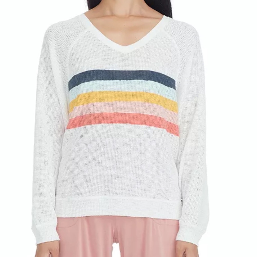 Marc New York Long Sleeve Knit Mesh Striped V-neck Top MNST5803 Oww